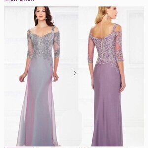 Mon Cheri Montage off the shoulder lace bodice gown